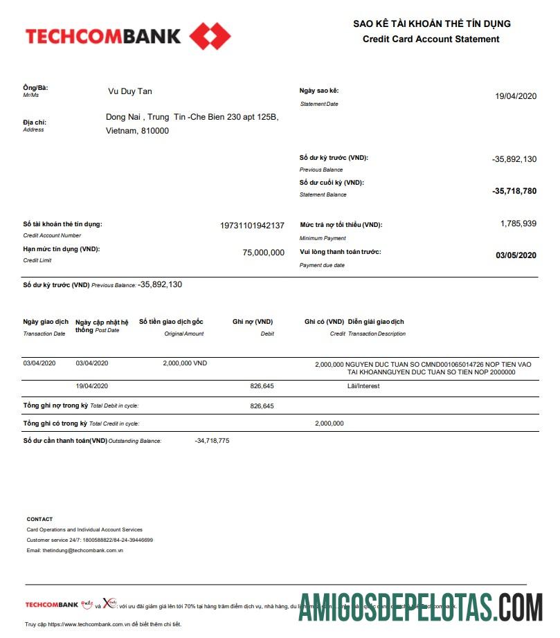 Vietnam Techcomextrato bancário amostra